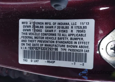 2013 Honda Civic Lx z USA, uszkodzony, nr VIN 19XFB2F53DE293196